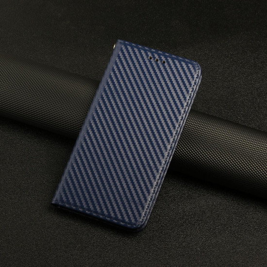 For Samsung Galaxy S24+ 5G Carbon Fiber Texture Flip Holder Leather Phone Case(Blue)