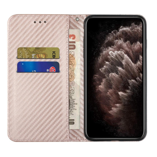 For Samsung Galaxy S24+ 5G Carbon Fiber Texture Flip Holder Leather Phone Case(Rose Gold)