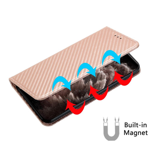 For Samsung Galaxy S24+ 5G Carbon Fiber Texture Flip Holder Leather Phone Case(Rose Gold)