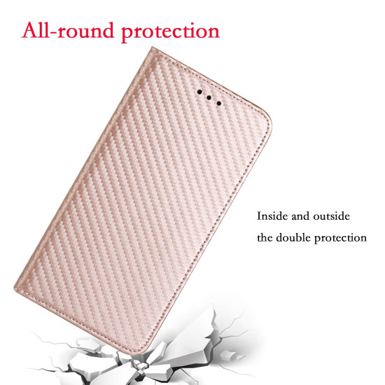 For Samsung Galaxy S24+ 5G Carbon Fiber Texture Flip Holder Leather Phone Case(Rose Gold)