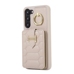 For Samsung Galaxy S23+ 5G Vertical Card Bag Ring Holder Phone Case with Dual Lanyard(Beige)