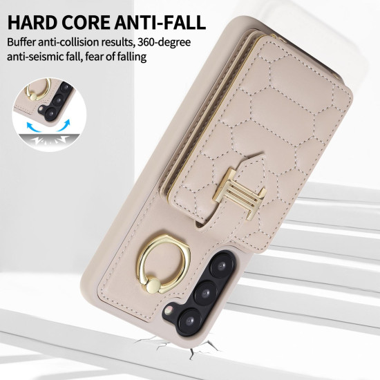 For Samsung Galaxy S23+ 5G Vertical Card Bag Ring Holder Phone Case with Dual Lanyard(Beige)