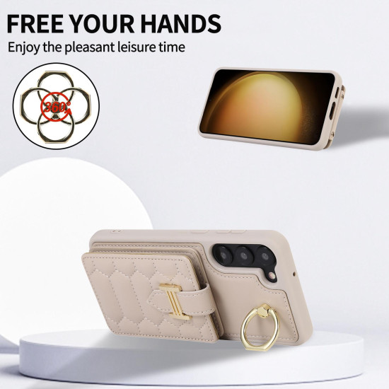 For Samsung Galaxy S23+ 5G Vertical Card Bag Ring Holder Phone Case with Dual Lanyard(Beige)