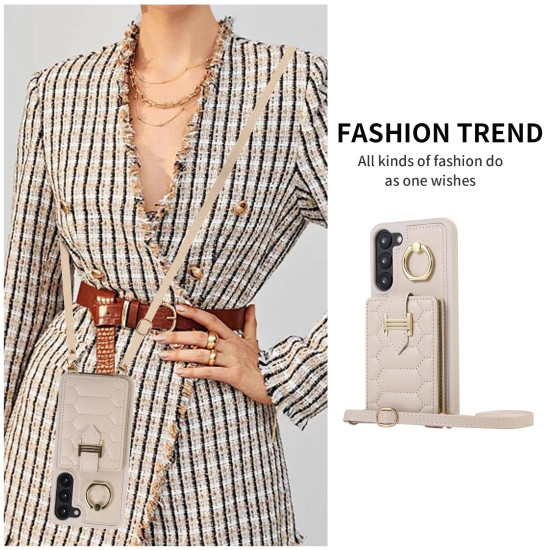 For Samsung Galaxy S23+ 5G Vertical Card Bag Ring Holder Phone Case with Dual Lanyard(Beige)