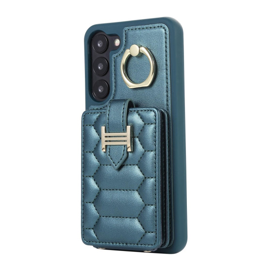 For Samsung Galaxy S23+ 5G Vertical Card Bag Ring Holder Phone Case with Dual Lanyard(Dark Green)