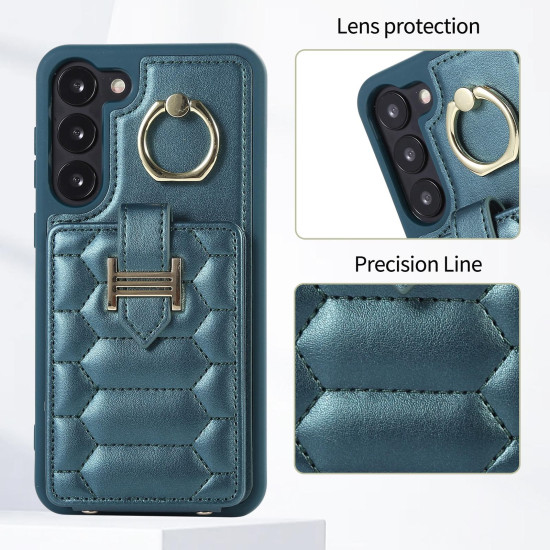 For Samsung Galaxy S23+ 5G Vertical Card Bag Ring Holder Phone Case with Dual Lanyard(Dark Green)