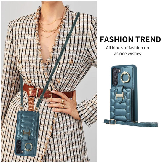 For Samsung Galaxy S23+ 5G Vertical Card Bag Ring Holder Phone Case with Dual Lanyard(Dark Green)