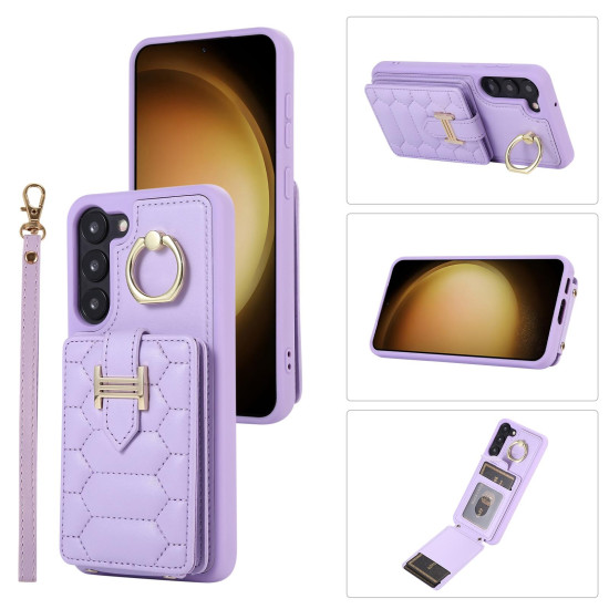 For Samsung Galaxy S23+ 5G Vertical Card Bag Ring Holder Phone Case with Dual Lanyard(Purple)