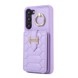 For Samsung Galaxy S23+ 5G Vertical Card Bag Ring Holder Phone Case with Dual Lanyard(Purple)