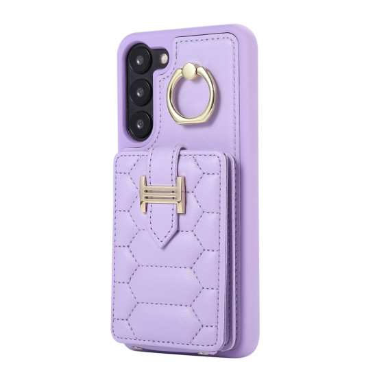 For Samsung Galaxy S23+ 5G Vertical Card Bag Ring Holder Phone Case with Dual Lanyard(Purple)