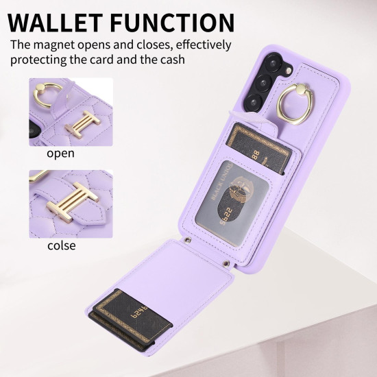 For Samsung Galaxy S23+ 5G Vertical Card Bag Ring Holder Phone Case with Dual Lanyard(Purple)