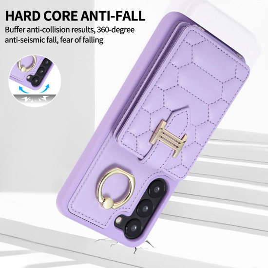 For Samsung Galaxy S23+ 5G Vertical Card Bag Ring Holder Phone Case with Dual Lanyard(Purple)