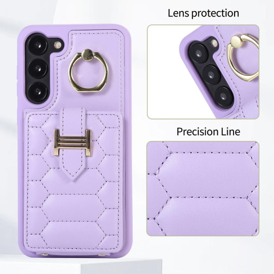 For Samsung Galaxy S23+ 5G Vertical Card Bag Ring Holder Phone Case with Dual Lanyard(Purple)
