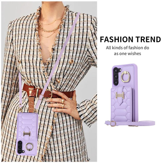 For Samsung Galaxy S23+ 5G Vertical Card Bag Ring Holder Phone Case with Dual Lanyard(Purple)