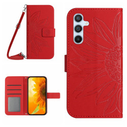 For Samsung Galaxy S24+ 5G Skin Feel Sun Flower Embossed Flip Leather Phone Case with Lanyard(Red)