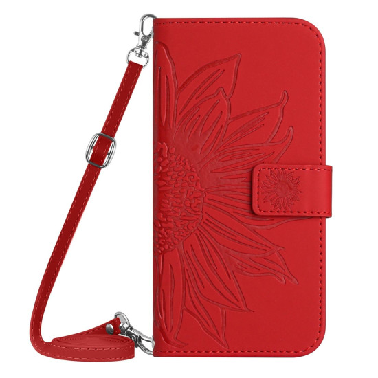 For Samsung Galaxy S24+ 5G Skin Feel Sun Flower Embossed Flip Leather Phone Case with Lanyard(Red)