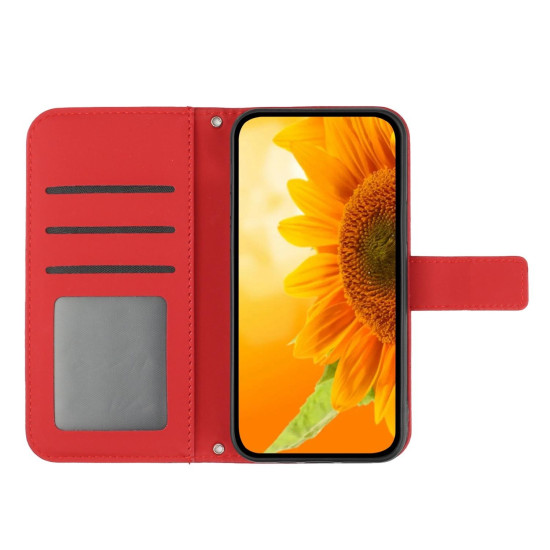 For Samsung Galaxy S24+ 5G Skin Feel Sun Flower Embossed Flip Leather Phone Case with Lanyard(Red)