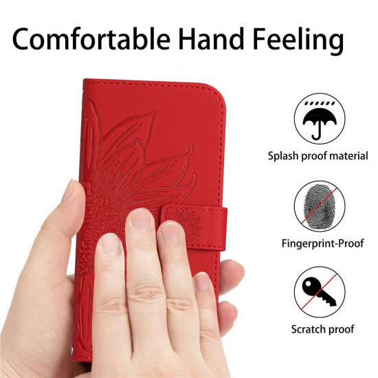 For Samsung Galaxy S24+ 5G Skin Feel Sun Flower Embossed Flip Leather Phone Case with Lanyard(Red)