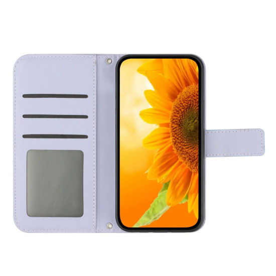 For Samsung Galaxy S24+ 5G Skin Feel Sun Flower Embossed Flip Leather Phone Case with Lanyard(Purple)
