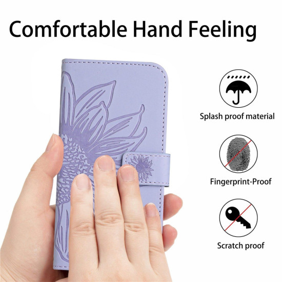 For Samsung Galaxy S24+ 5G Skin Feel Sun Flower Embossed Flip Leather Phone Case with Lanyard(Purple)