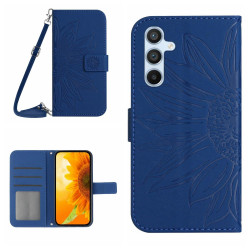For Samsung Galaxy S24+ 5G Skin Feel Sun Flower Embossed Flip Leather Phone Case with Lanyard(Dark Blue)