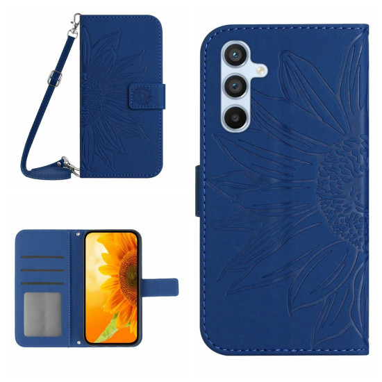 For Samsung Galaxy S24+ 5G Skin Feel Sun Flower Embossed Flip Leather Phone Case with Lanyard(Dark Blue)