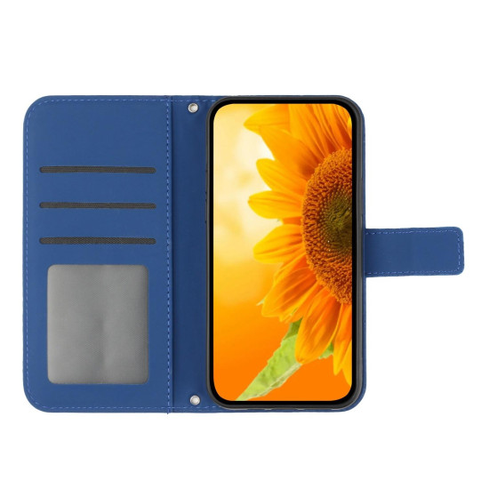 For Samsung Galaxy S24+ 5G Skin Feel Sun Flower Embossed Flip Leather Phone Case with Lanyard(Dark Blue)