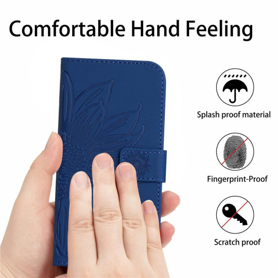 For Samsung Galaxy S24+ 5G Skin Feel Sun Flower Embossed Flip Leather Phone Case with Lanyard(Dark Blue)