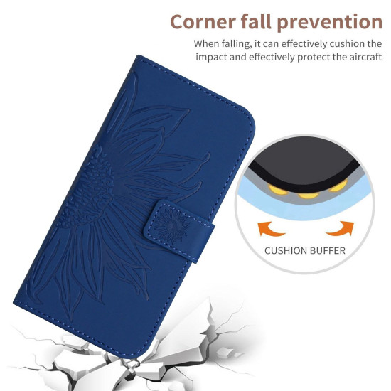 For Samsung Galaxy S24+ 5G Skin Feel Sun Flower Embossed Flip Leather Phone Case with Lanyard(Dark Blue)