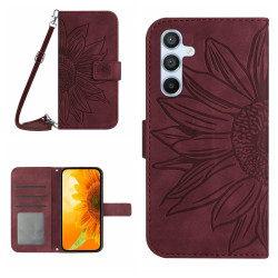 For Samsung Galaxy S24+ 5G Skin Feel Sun Flower Embossed Flip Leather Phone Case with Lanyard(Wine Red)