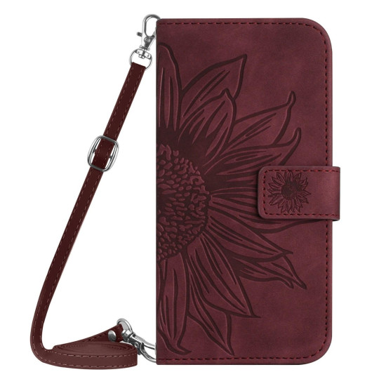 For Samsung Galaxy S24+ 5G Skin Feel Sun Flower Embossed Flip Leather Phone Case with Lanyard(Wine Red)