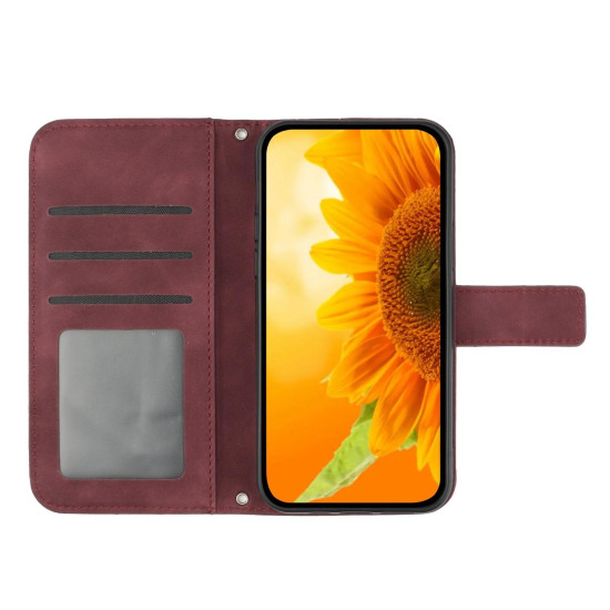 For Samsung Galaxy S24+ 5G Skin Feel Sun Flower Embossed Flip Leather Phone Case with Lanyard(Wine Red)