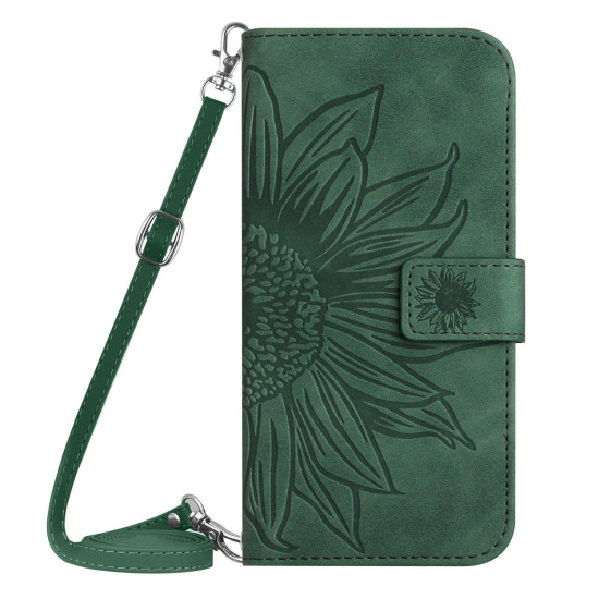 For Samsung Galaxy S24+ 5G Skin Feel Sun Flower Embossed Flip Leather Phone Case with Lanyard(Green)