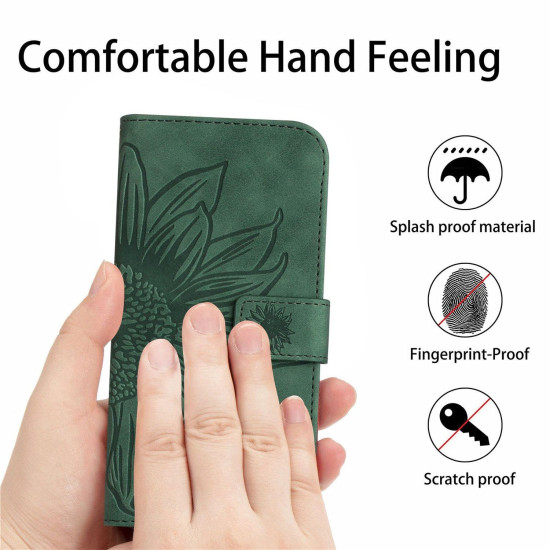 For Samsung Galaxy S24+ 5G Skin Feel Sun Flower Embossed Flip Leather Phone Case with Lanyard(Green)