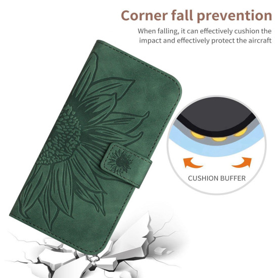 For Samsung Galaxy S24+ 5G Skin Feel Sun Flower Embossed Flip Leather Phone Case with Lanyard(Green)