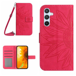 For Samsung Galaxy S24+ 5G Skin Feel Sun Flower Embossed Flip Leather Phone Case with Lanyard(Rose Red)