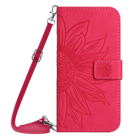 For Samsung Galaxy S24+ 5G Skin Feel Sun Flower Embossed Flip Leather Phone Case with Lanyard(Rose Red)