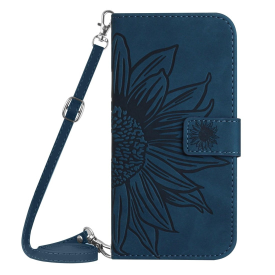 For Samsung Galaxy S24+ 5G Skin Feel Sun Flower Embossed Flip Leather Phone Case with Lanyard(Inky Blue)