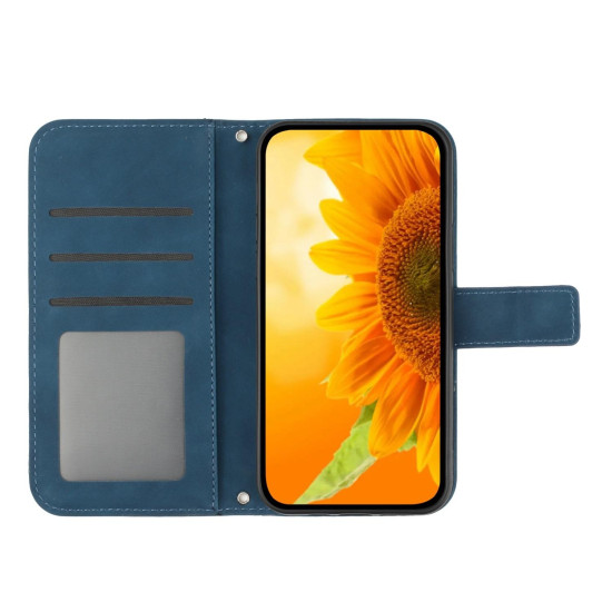 For Samsung Galaxy S24+ 5G Skin Feel Sun Flower Embossed Flip Leather Phone Case with Lanyard(Inky Blue)
