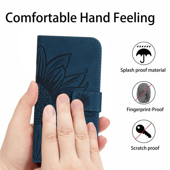 For Samsung Galaxy S24+ 5G Skin Feel Sun Flower Embossed Flip Leather Phone Case with Lanyard(Inky Blue)