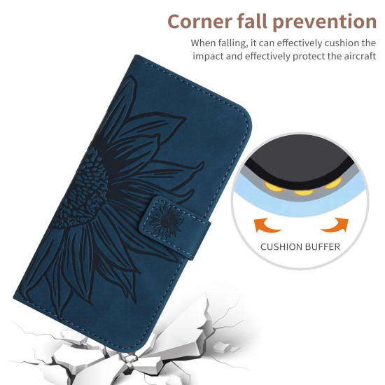 For Samsung Galaxy S24+ 5G Skin Feel Sun Flower Embossed Flip Leather Phone Case with Lanyard(Inky Blue)