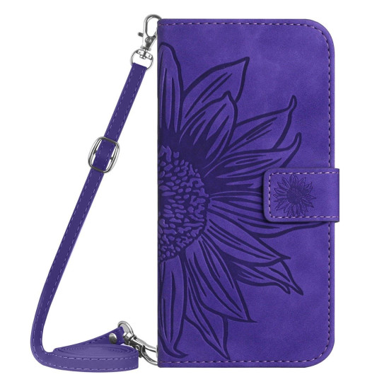 For Samsung Galaxy S24+ 5G Skin Feel Sun Flower Embossed Flip Leather Phone Case with Lanyard(Dark Purple)