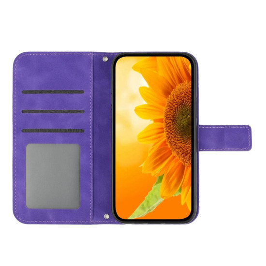 For Samsung Galaxy S24+ 5G Skin Feel Sun Flower Embossed Flip Leather Phone Case with Lanyard(Dark Purple)
