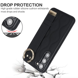 For Samsung Galaxy S23 Non-slip Full Coverage Ring PU Phone Case with Wristband(Black)