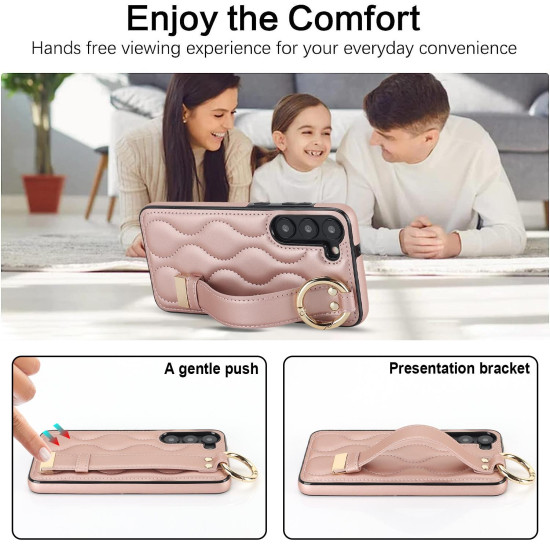For Samsung Galaxy S23+ Non-slip Full Coverage Ring PU Phone Case with Wristband(Rose Gold)