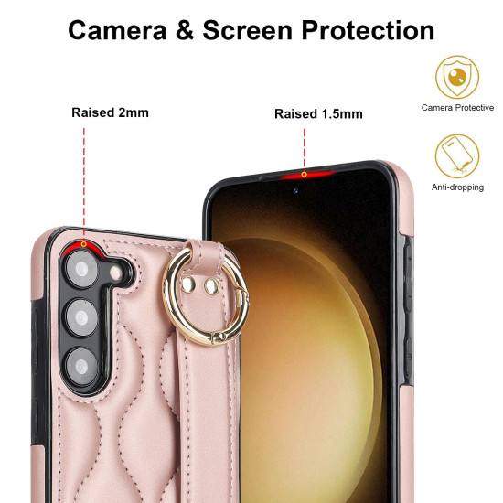 For Samsung Galaxy S23+ Non-slip Full Coverage Ring PU Phone Case with Wristband(Rose Gold)