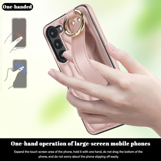 For Samsung Galaxy S23+ Non-slip Full Coverage Ring PU Phone Case with Wristband(Rose Gold)