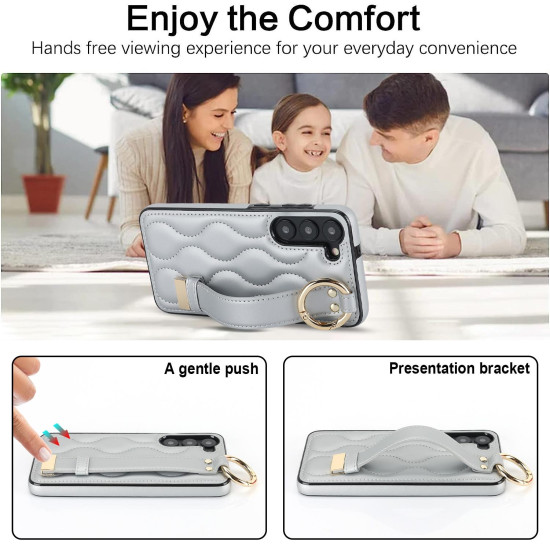 For Samsung Galaxy S23+ Non-slip Full Coverage Ring PU Phone Case with Wristband(Silver)