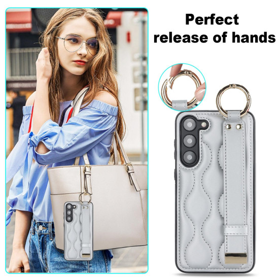 For Samsung Galaxy S23+ Non-slip Full Coverage Ring PU Phone Case with Wristband(Silver)