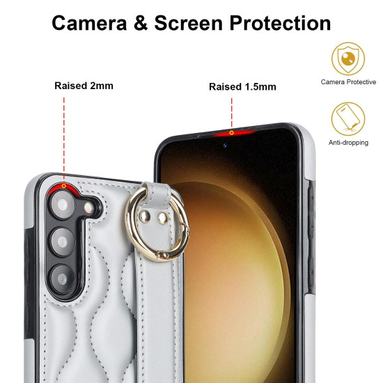 For Samsung Galaxy S23+ Non-slip Full Coverage Ring PU Phone Case with Wristband(Silver)